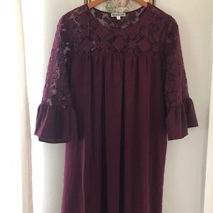 Burgandy Chiffon Dress with lace and bell sleeves